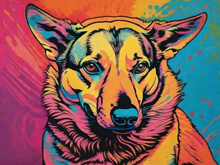 surrealist art Pop Art style highres,absurdres,masterpiece,karmimarkinsky dog,(1960s),accessories,<lora:sd_xl_offset_example-lora_1:1>,realistic paws,detailled fur,(background is detailed abstract painting 1.3),(happy:1).,(smiling,:1.1),<lora:abbylouxl-000010:1>,beautiful,gorgeous,lovely,official art,by andy warhol,detailed,<lora:Psychedelic_Noir__sdxl:1>,. bright colors, bold outlines, popular culture themes, ironic or kitsch . dreamlike, mysterious, provocative, symbolic, intricate, detailed, ((Unusual Angle))