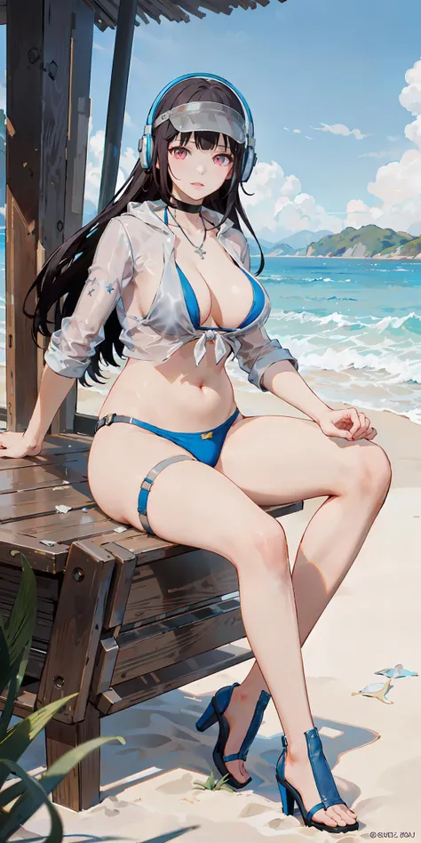 YAODZ, sitting on ground,1girl, solo, plump, large breasts, naughty face, looking at viewer, blue_bikini_under_clothes, see-through, necklace, black_choker, visor_cap, headphones, thigh_strap, sandals, long_hair, black_hair, beach, ocean, blue_sky, wind,summer, holiday, day, dappled sunlight, (masterpiece,best quality,beautiful and aesthetic:1.2), <lora:YAODZ-v2:0.5>