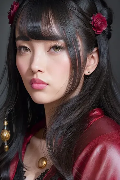 a beautiful empress portrait, black hair, perfect eyes, clothes Santa robes, everything Christmas, snow, symmetrical, dramatic studio lighting, rococo, baroque, greens, asian, hyperrealism, closeup, D&D, fantasy, intricate, elegant, highly detailed, digital painting, artstation, octane render, 8k, concept art, matte, sharp focus