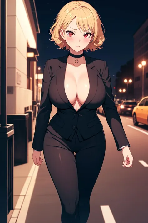 (masterpiece, best quality:1.2), 1girl, short curly blonde hair, glowing red eyes, large breasts, choker, business suit, walking at the park, night, lights, blush, timid