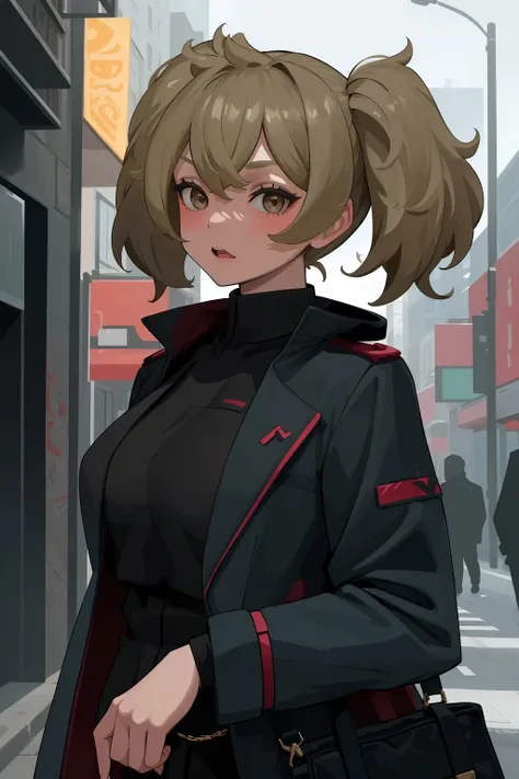 a girl in a dark jacket and handbag on the street,upper body,<lora:Renee:0.6>