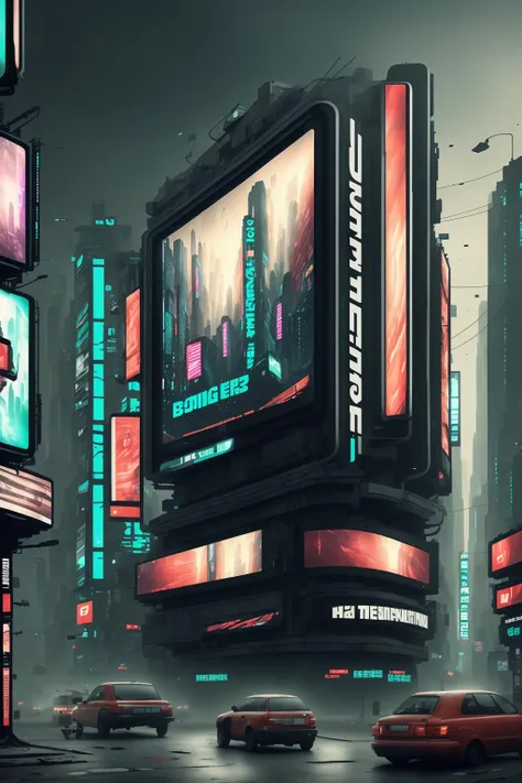 a big screen with a crazy adverting, cyberpunk city