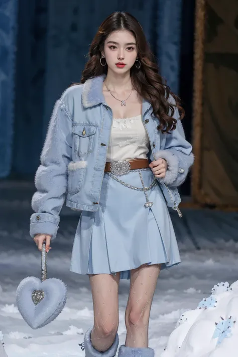 ultra-detailed,masterpiece,finely detail,highres,8k wallpaper,1girl, belt, boots, jewelry, long_hair, necklace, solo, skirt, brown_hair, jacket, pantyhose, earrings, bag, fishnets, realistic, fishnet_pantyhose, fashion, Winter Fairy Coquette, outfit<lora:Winter:0.8>