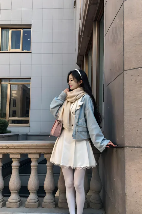 ultra-detailed,masterpiece,finely detail,highres,8k wallpaper,1girl, black_hair, brick_wall, chain-link_fence, fence, honeycomb_\(pattern\), long_hair, profile, scarf, solo, tile_floor, tile_wall, tiles, skirt, long_sleeves, standing, jacket, pantyhose, hairband, shoes, bag, window, white_pantyhose, handbag, shoulder_bag, Winter Fairy Coquette, outfit<lora:Winter:0.7>, <lora:add_detail:0.5>,smile