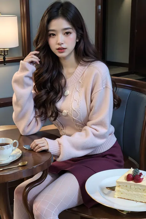 ultra-detailed,masterpiece,finely detail,highres,8k wallpaper,1 girl,close-up, fishnet_legwear, fishnets, plate, tatami, 1girl, solo, long_hair, brown_hair, dress, food, nail_polish, cup, book, table, teacup, cake, realistic, fork, head_out_of_frame, Winter Fairy Coquette, outfit<lora:Winter:0.8>,