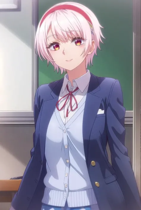 renanatsukawa, <lora:rena natsukawa s1-lora-nochekaiser:1>,
rena natsukawa, short hair, hairband, pink hair, (red eyes:1.3), red hairband, smile,
BREAK skirt, shirt, jacket, collared shirt, neck ribbon, jacket on shoulders, white shirt, cardigan, blue cardigan, blue jacket,
BREAK indoors, classroom,
BREAK looking at viewer, (cowboy shot:1.5),
BREAK <lyco:GoodHands-beta2:1>, (masterpiece:1.2), best quality, high resolution, unity 8k wallpaper, (illustration:0.8), (beautiful detailed eyes:1.6), extremely detailed face, perfect lighting, extremely detailed CG, (perfect hands, perfect anatomy),