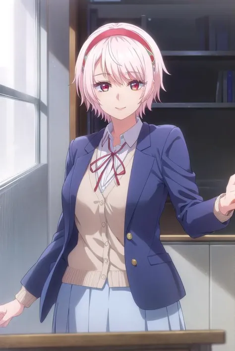 renanatsukawa, <lora:rena natsukawa s1-lora-nochekaiser:1>,
rena natsukawa, short hair, hairband, pink hair, (red eyes:1.3), red hairband, smile,
BREAK skirt, shirt, jacket, collared shirt, neck ribbon, jacket on shoulders, white shirt, cardigan, blue cardigan, blue jacket,
BREAK indoors, classroom,
BREAK looking at viewer, (cowboy shot:1.5),
BREAK <lyco:GoodHands-beta2:1>, (masterpiece:1.2), best quality, high resolution, unity 8k wallpaper, (illustration:0.8), (beautiful detailed eyes:1.6), extremely detailed face, perfect lighting, extremely detailed CG, (perfect hands, perfect anatomy),