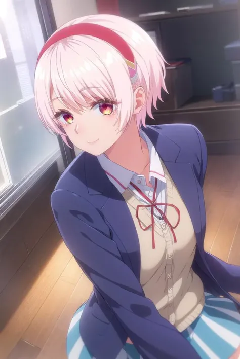 renanatsukawa, <lora:rena natsukawa s1-lora-nochekaiser:1>,
rena natsukawa, short hair, hairband, pink hair, (red eyes:1.3), red hairband, smile,
BREAK skirt, shirt, jacket, collared shirt, neck ribbon, jacket on shoulders, white shirt, cardigan, blue cardigan, blue jacket,
BREAK indoors, classroom,
BREAK looking at viewer, (cowboy shot:1.5),
BREAK <lyco:GoodHands-beta2:1>, (masterpiece:1.2), best quality, high resolution, unity 8k wallpaper, (illustration:0.8), (beautiful detailed eyes:1.6), extremely detailed face, perfect lighting, extremely detailed CG, (perfect hands, perfect anatomy),