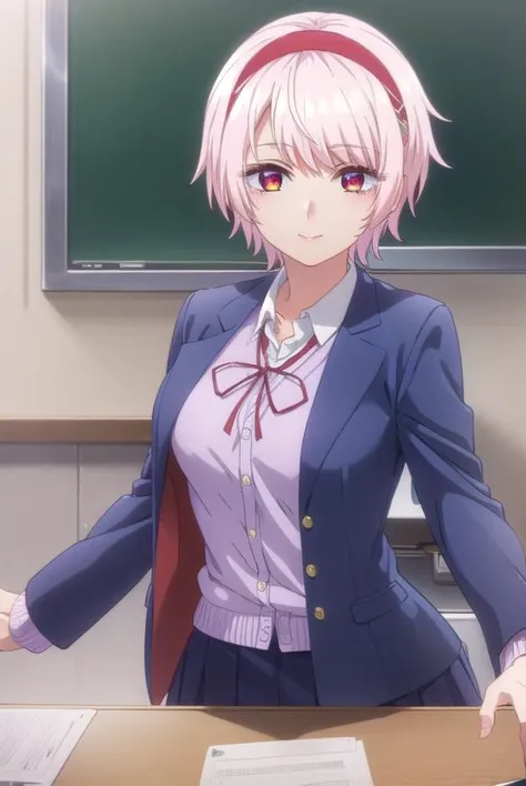 renanatsukawa, <lora:rena natsukawa s1-lora-nochekaiser:1>,
rena natsukawa, short hair, hairband, pink hair, (red eyes:1.3), red hairband, smile,
BREAK skirt, shirt, jacket, collared shirt, neck ribbon, jacket on shoulders, white shirt, cardigan, blue cardigan, blue jacket,
BREAK indoors, classroom,
BREAK looking at viewer, (cowboy shot:1.5),
BREAK <lyco:GoodHands-beta2:1>, (masterpiece:1.2), best quality, high resolution, unity 8k wallpaper, (illustration:0.8), (beautiful detailed eyes:1.6), extremely detailed face, perfect lighting, extremely detailed CG, (perfect hands, perfect anatomy),