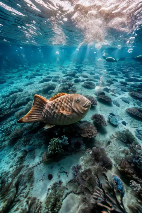 <lora:Underwater world_20231215022319:0.75>, photo_unp, realistic photo of an Underwater world, <lora:Fish_shaped_waffle_v1:0.5> taiyaki (waffle:0.4) under the sea, swimming, no humans, (masterpiece:1.0), (best quality:1.0), beautiful, (intricate details), unity 8k wallpaper, ultra detailed, sunlight