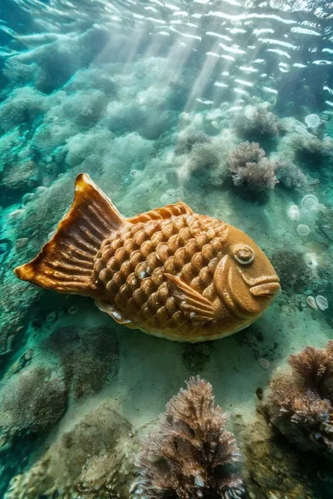 <lora:Underwater world_20231215022319:0.75>, photo_unp, realistic photo of an Underwater world, <lora:Fish_shaped_waffle_v1:0.5> taiyaki (waffle:0.4) under the sea, swimming, no humans, (masterpiece:1.0), (best quality:1.0), beautiful, (intricate details), unity 8k wallpaper, ultra detailed, sunlight