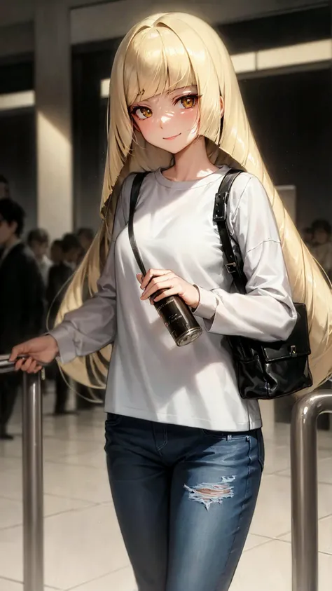 1girl, <lora:lusamine lora:1>, lusamine, 1girl, masterpiece, solo, cowboy shot, looking at viewer, smile, closed mouth, illustration, masterpiece, ultra-detailed, shadow, reflection, creativity, artistic, rlong sleeve t-shirt, denim jeans, slim legs, (standing in a shopping mall on an escalator), natural light, shadow, contrast, texture, detail, realism, impressionistic, expressionistic, abstract, innovative, experimental, unique, warmth, coziness, personal space, privacy, relaxation, ease, contentment, pleasure, self-expression, individuality, fashion, style, aesthetics, beauty, sensuality, innocent, youthful, energetic, vibrancy, joy, emotion, creativity, imagination, artistry, composition, balance, harmony, rhythm, color, light, shadow, reflection, refraction, tone, contrast, foreground, middle ground, background, naturalistic, figurative, representational, intricate background, detailed background, <lora:chineseFashionGirl_chineseFashionGirl20:0.2>