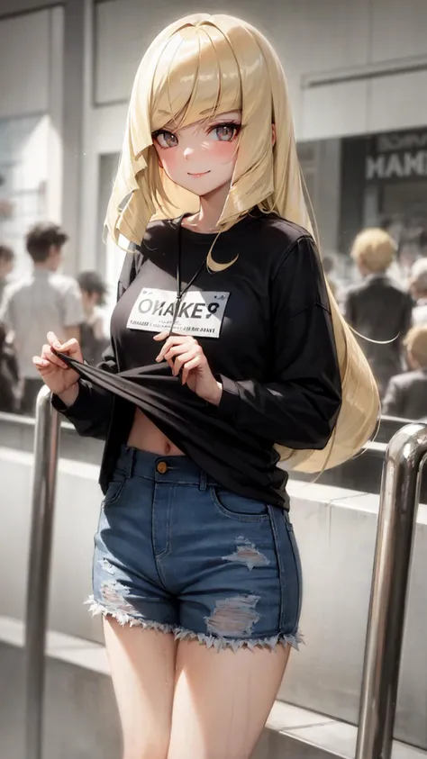 1girl, <lora:lusamine lora:1>, lusamine, 1girl, masterpiece, solo, cowboy shot, looking at viewer, smile, closed mouth, illustration, masterpiece, ultra-detailed, shadow, reflection, creativity, artistic, rlong sleeve t-shirt, denim jeans, slim legs, (standing in a shopping mall on an escalator), natural light, shadow, contrast, texture, detail, realism, impressionistic, expressionistic, abstract, innovative, experimental, unique, warmth, coziness, personal space, privacy, relaxation, ease, contentment, pleasure, self-expression, individuality, fashion, style, aesthetics, beauty, sensuality, innocent, youthful, energetic, vibrancy, joy, emotion, creativity, imagination, artistry, composition, balance, harmony, rhythm, color, light, shadow, reflection, refraction, tone, contrast, foreground, middle ground, background, naturalistic, figurative, representational, intricate background, detailed background,  <lora:chineseFashionGirl_chineseFashionGirl20:0.2>