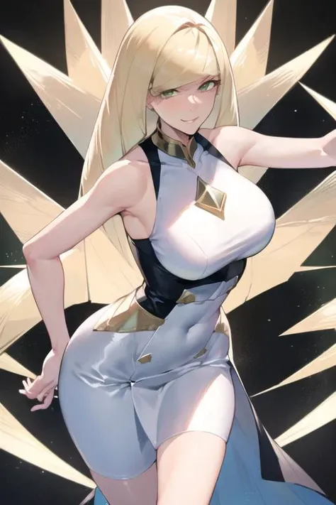 (masterpiece, best quality:1.2), dynamic pose,standing,1girl,(mature female, tall female:1.2), milf, large breasts, lusamine, solo, cowboy shot, looking at viewer, smile, closed mouth, elegant, dress, abstract background, <lora:lusaminePokemonLora_v10:0.61>
