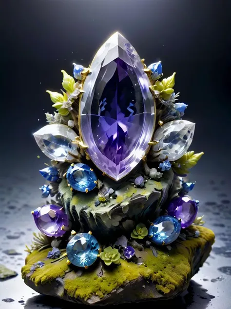 Flea, Quartz, Tanzanite, Lichen,breathtaking, hyper realistic, hyperdetailed, maximum fidelity, ultra high detail, ultra HD, professional RAW photography, luminous refractions, subsurface scattering, dynamic hdr tone mapping, maximal attention to correctness and detail