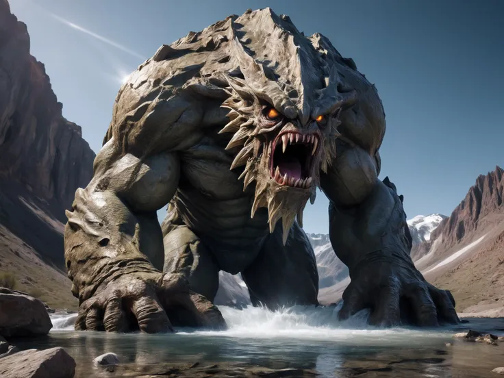 breathtaking, hyperrealistic, hyperdetailed, maximum fidelity, ultra high detail, ultra HD, Panavision Millennium DXL2 8k professional RAW photography gigantic rock monster emerging from mountain <lora:LoromXL_Druidic_Naturalism_v1:0.3>, luminous reflections, rtx on, subsurface scattering, dynamic hdr tone mapping, volumetric lighting, screenspace reflection, Physically-Based Rendering, Unity WÄtÄ environmental water