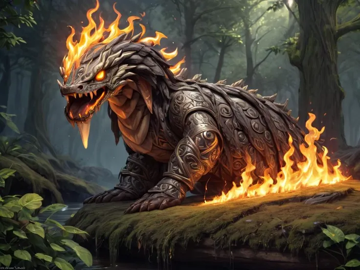 menacing adorable hell fire snake god, druidic serpent king, covered in druidic wooden armour <lora:LoromXL_Druidic_Naturalism:0.6>, luminous reflections, rtx on, subsurface scattering, dynamic hdr tone mapping, volumetric lighting, screenspace reflection, Physically-Based Rendering, Unity WÄtÄ environmental water
