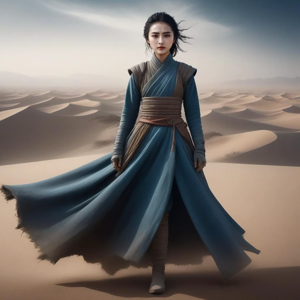 best quality, highres, masterpiece, outdoors, nice face , beautiful girl, Qin Dynasty, tattered chivalrous costume, tattered clothing, wind,
1girl,solo,full body, photo, realistic, desert,
<lora:SDXL Timothee Chalamet as Paul Atreides Dune style CF Timothee Chalamet;Timothee Chalamet as Paul Atreides;Paul Atreides;in Dune style:0.7>in Dune style,Timothee Chalamet,
<lora:SDXL Goth__V1:0.5>