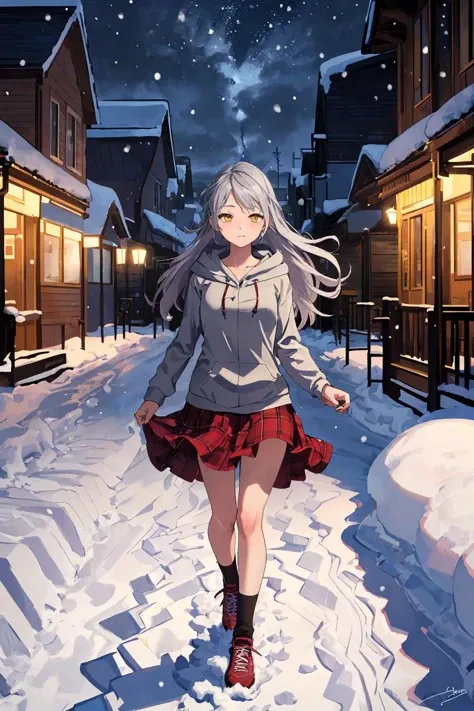 masterpiece, best quality,1girl, solo, facing viewer, <lora:EPfeMicaiah-07:1>, EPfeMicaiah, 1girl, long hair, grey hair, yellow eyes, zoom layer, snowy town, snow, ice, stalagmite, evening, arm support, animal hoodie, checked skirt, drawers, bulb_toe_shoes, squinting