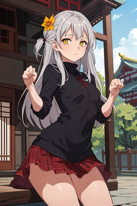masterpiece, best quality,1girl, solo, facing viewer, <lora:EPfeMicaiah-07:1>, EPfeMicaiah, 1girl, long hair, grey hair, yellow eyes, reference sheet, east asian architecture, day, paw pose, jumper, plaid_skirt, hair ornament, sad