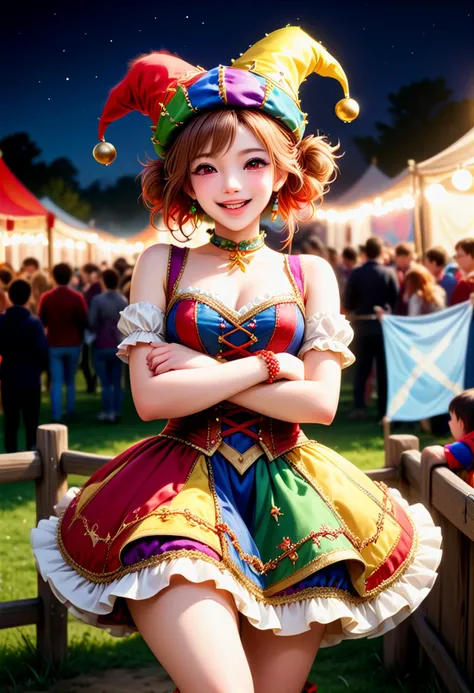 (medium full shot) of (playful jester) young woman, chinese, fair skin, light brown eyes, normal build, medium red messy bun hair, wearing a jester hat with bells, patchwork dress with ribbons,colorful jester shoes with jingle bells, holding a marotte, set in  Jousting Arena, open field with wooden barriers, seating for spectators, knights in armor, colorful banners, loud cheers from the crowd, at night, woman laughing, arms crossed,  ,Masterpiece,best quality, photo, realistic, very aesthetic, detailed face,