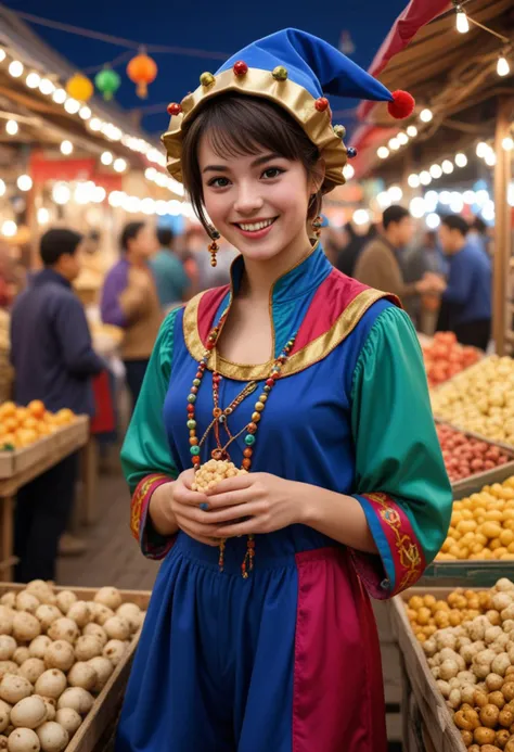 (medium full shot) of man, (lively jester) young woman, chinese, light skin, light brown eyes, normal build, short dark layered cut hair, wearing a jester hat with bells, blue jester tunic, puffed shorts,colorful jester shoes with jingle bells, colorful scarf, set in  Market Fair, open market with colorful stalls, vendors selling goods, entertainers performing tricks, lively crowd, smell of food in the air, at night, woman smiling at the viewer, Masterpiece,best quality, photo, realistic, very aesthetic, detailed face,