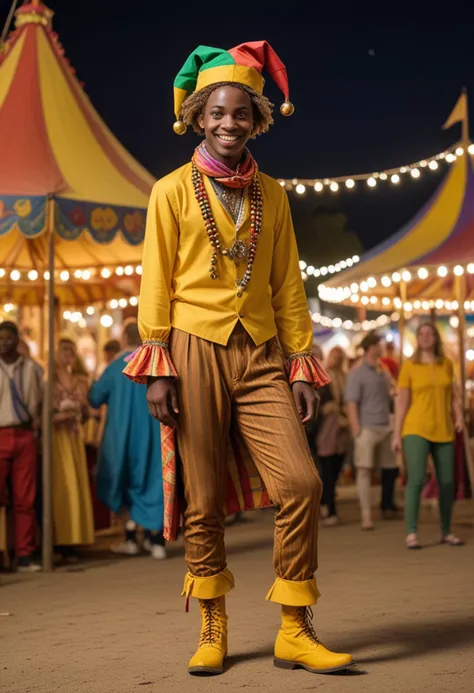 (medium full shot) of man, (charming jester) young woman, african, dark skin, brown eyes, slender build, medium blonde  hair, wearing a jester hat with bells, yellow blouse with jester motifs, multicolored slacks,colorful jester shoes , colorful scarf, set in  Renaissance Fair, bustling fairground with tents and booths, people in period costumes, games and activities, stage for performances, at night, woman laughing, squatting, Masterpiece,best quality, photo, realistic, very aesthetic, detailed face,