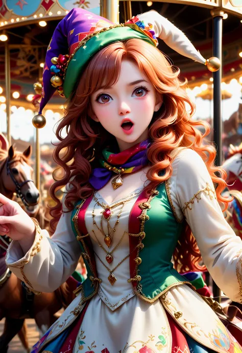 (medium full shot) of (vibrant jester) young woman, japanese, pale skin, light brown eyes, willowy build, long red curly down hair, wearing a jester hat with bells, diamond-patterned tunic with jingle bells,colorful jester shoes with playful patterns, colorful scarf, set in  Carousel, beautifully decorated carousel with painted horses, children riding, music playing, lights twinkling, parents watching , woman surprised, open mouth, pointing her finger at the viewer,  ,Masterpiece,best quality, photo, realistic, very aesthetic, detailed face,