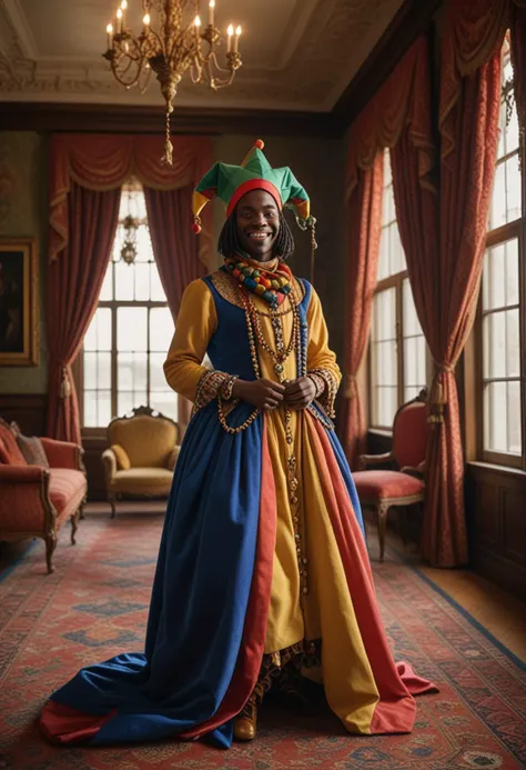 (medium full shot) of man, (colorful jester) young woman, south african, dark skin, black eyes, Average build, extra long dark inverted bob hair, wearing a jester hat with bells, harlequin dress with bells, jester shoes , colorful scarf, set in  Royal Chambers, elegant room with a canopied bed, rich carpets, intricate wooden furniture, paintings of past rulers, large windows with heavy drapes, at sunset, woman laughing, squatting, Masterpiece,best quality, photo, realistic, very aesthetic, detailed face,