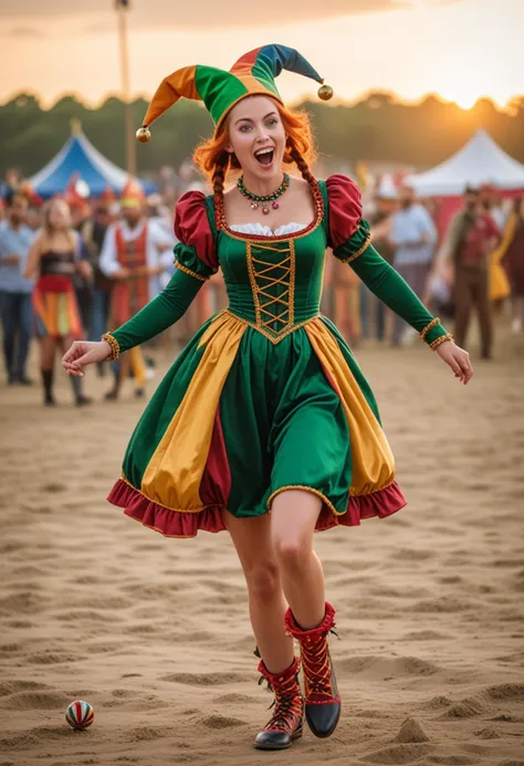 (medium full shot) of man, (playful jester) young woman, spanish, tan skin, dark green eyes, slender build, extra long ginger double braids hair, wearing a jester hat with bells, multicolored dress with harlequin patterns,colorful jester shoes with jingle bells, juggling balls, set in  Jousting Arena, open field with wooden barriers, seating for spectators, knights in armor, colorful banners, loud cheers from the crowd, at sunset, woman surprised, open mouth, running toward the viewer, Masterpiece,best quality, photo, realistic, very aesthetic, detailed face,