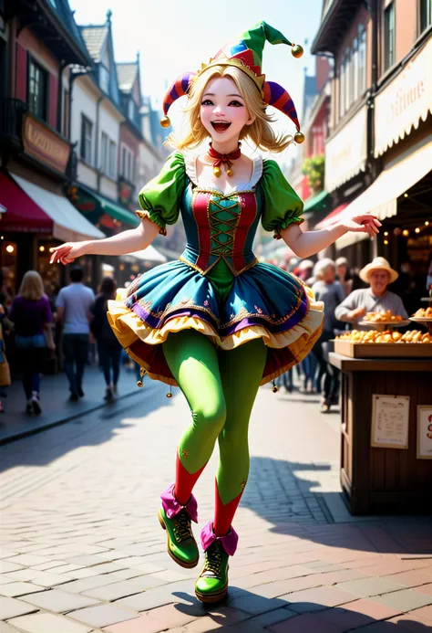 (medium full shot) of (quirky jester) young woman, korean, pale skin, brown eyes, Medium build, extra long blonde ponytail hair, wearing a jester hat with bells, green shirt with puffy sleeves, patchwork leggings,colorful jester shoes with jingle bells, holding a slapstick, set in  Town Square Fair, central square with a stage for performances, food and craft stalls, jugglers and street performers, fountain in the center, woman laughing, jumping in the air,  ,Masterpiece,best quality, photo, realistic, very aesthetic, detailed face,