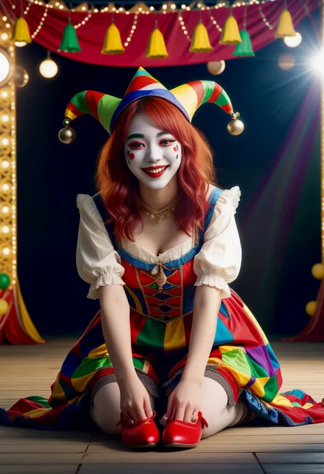 (medium full shot) of (comical jester) young woman, korean, light skin, brown eyes, normal build, long red bob hair, wearing a jester hat with bells, patchwork dress with bells,pointed jester shoes with jingle bells, face paint, set in  Performance Stage, outdoor stage with colorful decorations, large audience area, spotlights, sound equipment, decorative banners, at night, woman laughing, jumping in the air,  ,Masterpiece,best quality, photo, realistic, very aesthetic, detailed face,