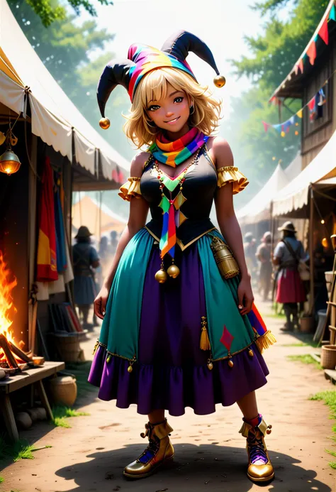 (medium full shot) of (whimsical jester) young woman, black american, dark skin, light brown eyes, curvy build, extra long blonde side-swept bangs hair, wearing a jester hat with bells, striped tunic with jingle bells,colorful jester shoes with playful patterns, colorful scarf, set in  Knight's Encampment, area with tents and armor stands, knights preparing for battle, campfires, banners fluttering in the wind, smell of cooked food, woman smiling at the viewer,  ,Masterpiece,best quality, photo, realistic, very aesthetic, detailed face,