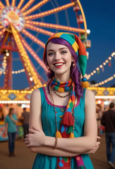 (medium full shot) of man, (playful jester) young woman, american, fair skin, blue eyes, petite build, extra long hazel shag cut hair, wearing a jester hat with bells, diamond-patterned tunic with tinkling bells,colorful jester shoes with playful patterns, colorful scarf, set in  Ferris Wheel Area, large Ferris wheel with colorful lights, people waiting in line, view of the entire fairground from the top, sound of machinery , woman laughing, arms crossed, Masterpiece,best quality, photo, realistic, very aesthetic, detailed face,