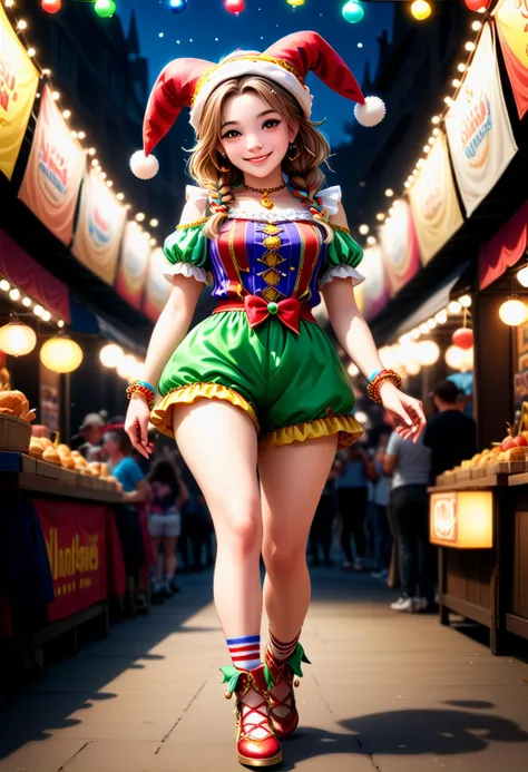 (medium full shot) of (playful jester) young woman, american, light skin, brown eyes, lithe build, extra long brown french braid hair, wearing a jester hat with bells, striped top with jingle bells, puffed shorts, jester shoes with jingle bells, holding a slapstick, set in  Festival Stage, large stage with decorative arches, vibrant banners, sound system, audience area filled with booths and food stalls, at night, woman smiling at the viewer,  ,Masterpiece,best quality, photo, realistic, very aesthetic, detailed face,