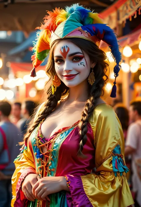 (medium full shot) of (colorful jester) young woman, american, tan skin, brown eyes, voluptuous build, long dark french braid hair, wearing a jester hat with bells, patchwork robe with tassels attached,colorful jester shoes , mask, set in Festival Stage, large stage with decorative arches, vibrant banners, sound system, audience area filled with booths and food stalls, at sunset, woman smiling at the viewer, ,Masterpiece,best quality, photo, realistic, very aesthetic, detailed face,