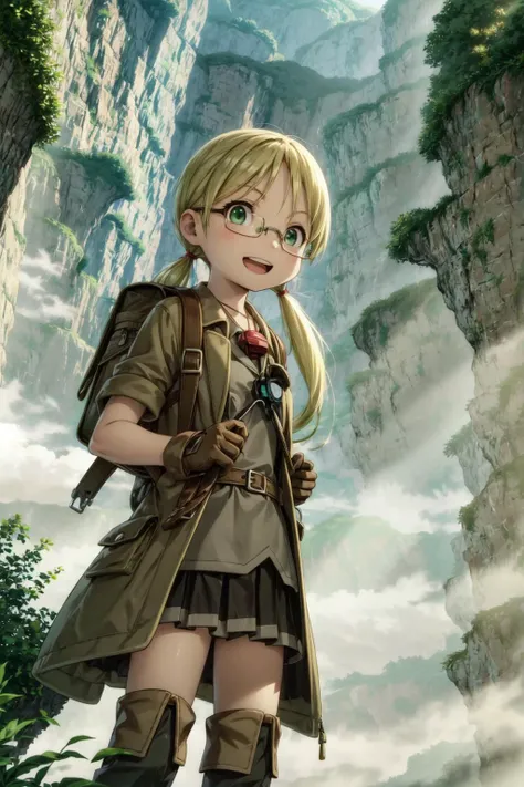 masterpiece,best quality,1girl,riko (made_in_abyss),long twintails,low twintails,blonde hair,green eyes,glasses,gloves,whistle around neck,coat,short sleeves,boots,overcoat,(backpack,brown bag),smile,open mouth,looking at viewer,abyss style,fog,nature,fantasy,valley,cliff,grass,<lora:CHAR-Made In Abyss-Riko-V1-kenidk>,<lora:abyssV1.3-000010_1_BODY2:0.9>,<lora:Concept-control tool-add_detail-CyberAIchemist:0.7>,