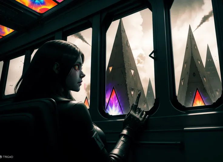 three cornered window, back of head shot of (woman looking out of triangle window:1.1), 3rd person, Looking out the triangular window of a (train:1.1) with triangular windows, triangular windows and triangular, wheels, in a fantasy world,
psychedelic, geometric, vivid light, high contrast, triadic colors, dark shadows, explosions, nuclear mushroom cloud, nuclear explosion, dystopian nightmare,
(beautiful composition),
21 yo woman,