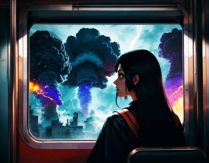 three cornered window, back of head shot of (woman looking out of triangle window:1.1), 3rd person, Looking out the triangular window of a (train:1.1) with triangular windows, triangular windows and triangular, wheels,  in a fantasy world, 
psychedelic, geometric, vivid light, high contrast, triadic colors, dark shadows,  explosions, nuclear mushroom cloud, nuclear explosion, dystopian nightmare, 
(beautiful composition),
21 yo woman,