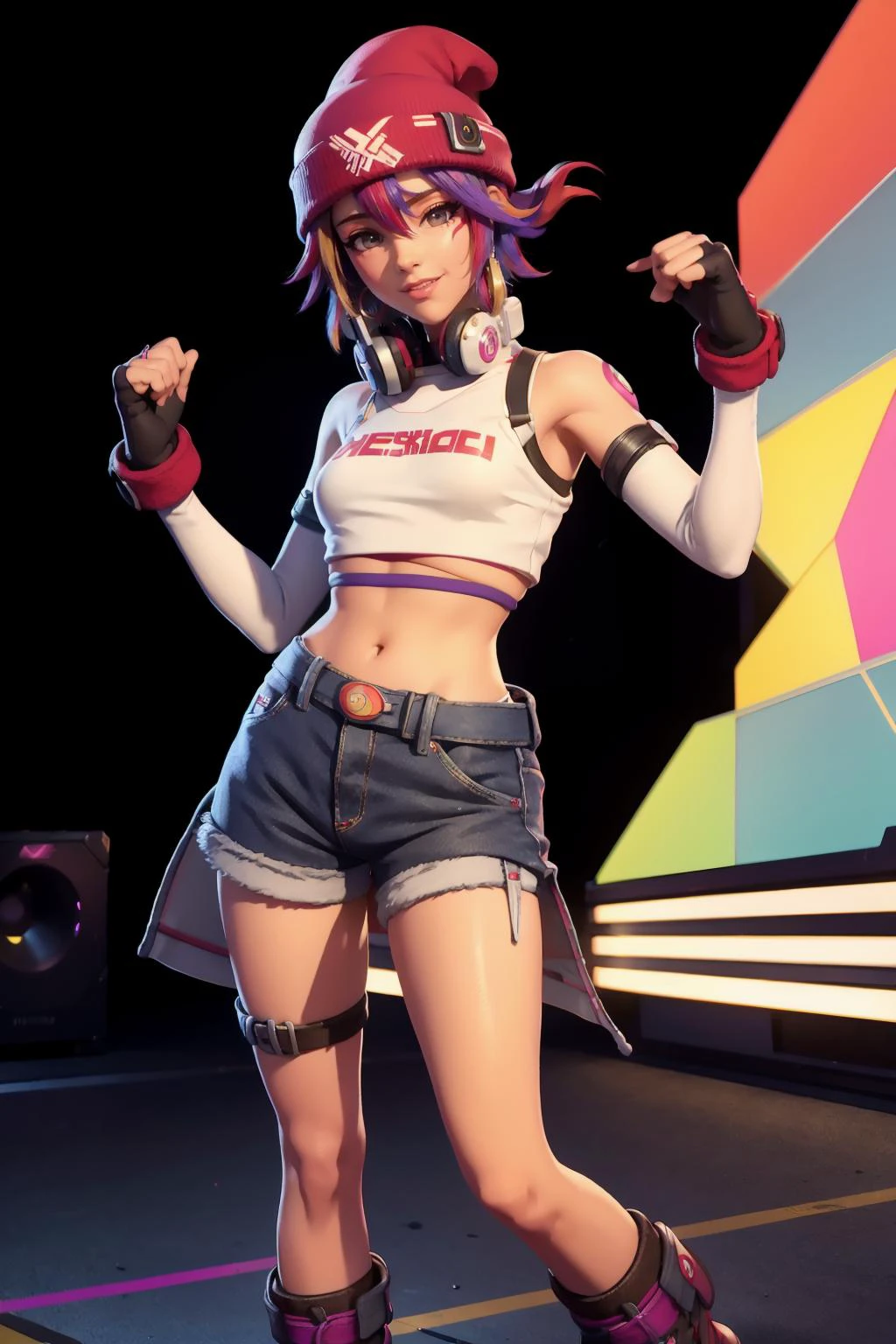 8k, high definition, highres, 1girl, looking at viewer, wearing a red beanie, casual clothing, thighhighs, headphones around neck, red facemarks, multicolored hair, yellow and purple hair, croptop , denim shorts and black boots, on a concert stage<lora:Kirikokpop2-000010:.7>