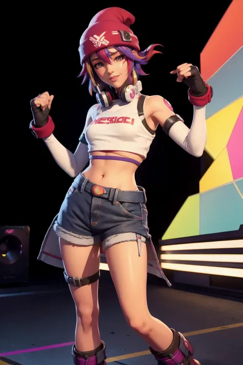 8k, high definition, highres, 1girl, looking at viewer, wearing a red beanie, casual clothing, thighhighs, headphones around neck, red facemarks, multicolored hair, yellow and purple hair, croptop , denim shorts and black boots, on a concert stage<lora:Kirikokpop2-000010:.7>