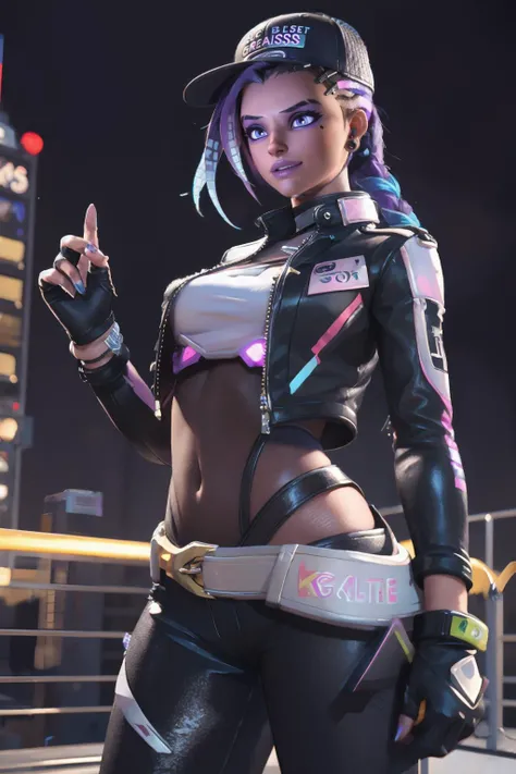 8k ,highres, high definition, 1girl, sombrakpop, black gloves, mesh bodysuit, black jacket, black leggings, fingerless gloves,long hair, mole, navel,blue hair, pony tail,two-tone hair, braid, black cap, neon hair lights, ((night city background)) <lora:owsambrav5:.8> owsombra,