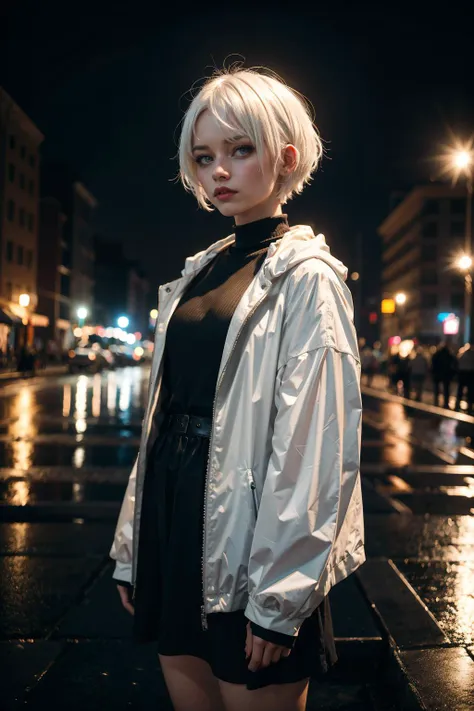 8k,highres, best quality, 1girl, white hair, short hair, outdoors, night, raining,