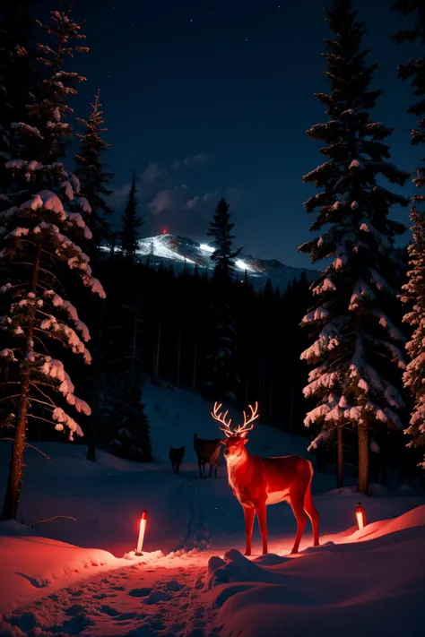 8k,highres, outdoors, night, snow, red theme,range Reindeer