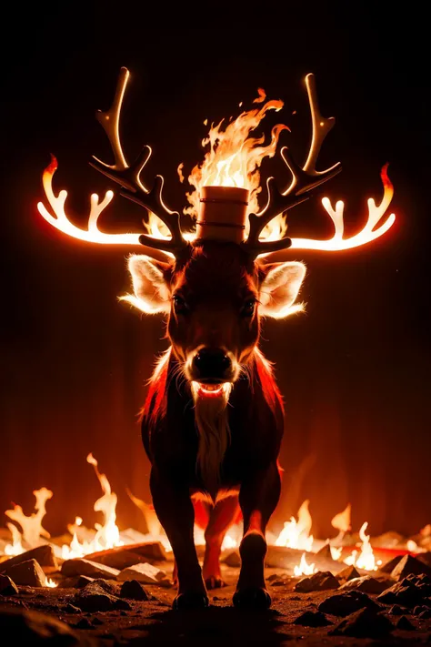 8k,highres, ((red theme)),((Raging Reindeer)),(reindeer, fire:1.4, red fire:1.4), lighting,