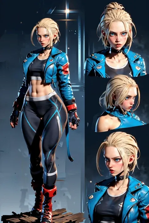 nsfw, 8k,highres, best quality,1girl,(CharacterSheet:1),(multiple views, full body, upper body, from side, close up, reference sheet:1.3),  leggings,  looking at viewer, looking away, blue jacket, outdoors,frontlighting, 
<lora:sfcammyv12:0.8>