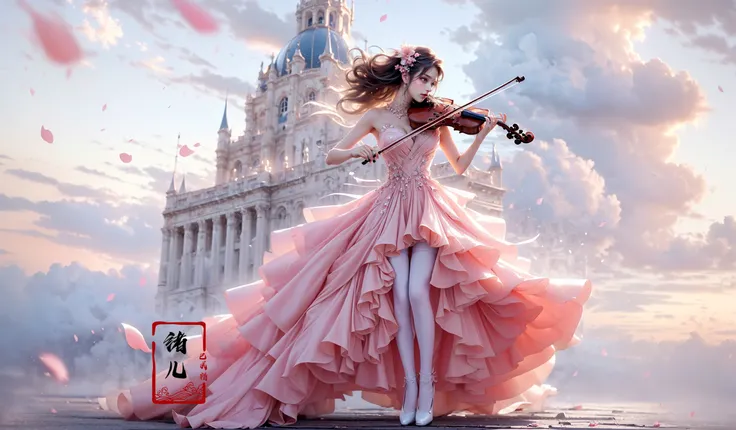 (A girl in a dress is in the air:1.4), playing a violin, (wide shot, wide-angle lens,Panoramic:1.2),super vista, super wide AngleLow Angle shooting, super wide lens,
violinbare shoulderspetals(pink dress:1.2)from belowblurry foreground
(full body:1.5), (white  silk stockings:1.3)
<lora:~Q?-\ct4 violin:0.8>