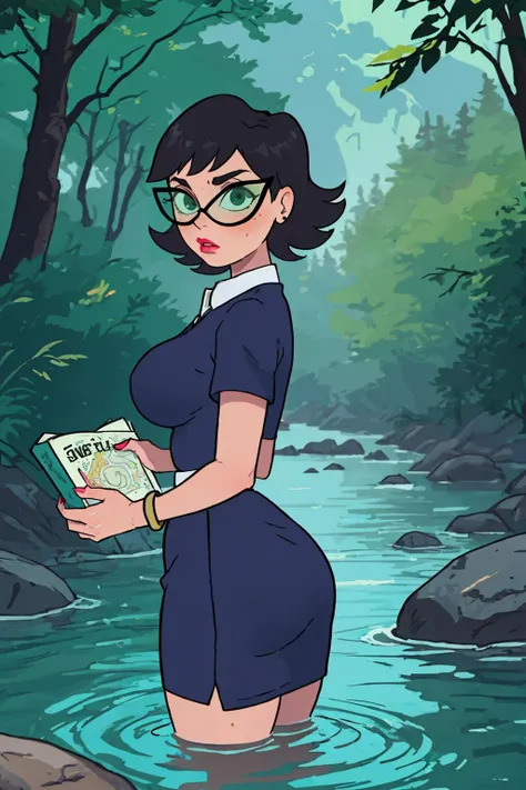 (masterpiece, best quality:1.2), <lora:eleanor_butterbean:.9>, eleanor butterbean, 1girl, book, solo, black hair, breasts, jewelry, short hair, earrings, bracelet, glasses, large breasts, dress, short sleeves, lips, skirt, nail polish, shirt, makeup, bangs, high-waist skirt, green eyes, wide hips, sunglasses, stud earrings, collared shirt, swept bangs, flipped hair, pink nails, teacher, blue dress, wading, water, river, nature, rock, forest, outdoors, stream, profile, from side, bush, day