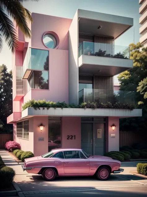 modern building, exterior, pink, pop 1970 style, tree, flower, outdoors, blurry background, realistic, bush, lamp, car, <lora:barbie:1> <lora:more_details:0.8>