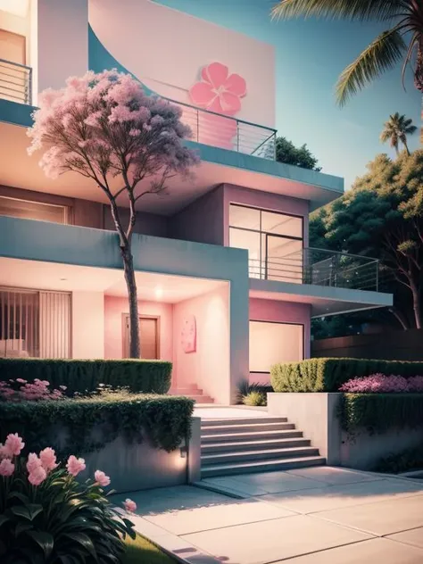 modern house, exterior, pink, pop art style, tree, flowers, outdoors, blurry background, dramatic, realistic, bush, lamp, <lora:barbie:1> <lora:more_details:0.8>